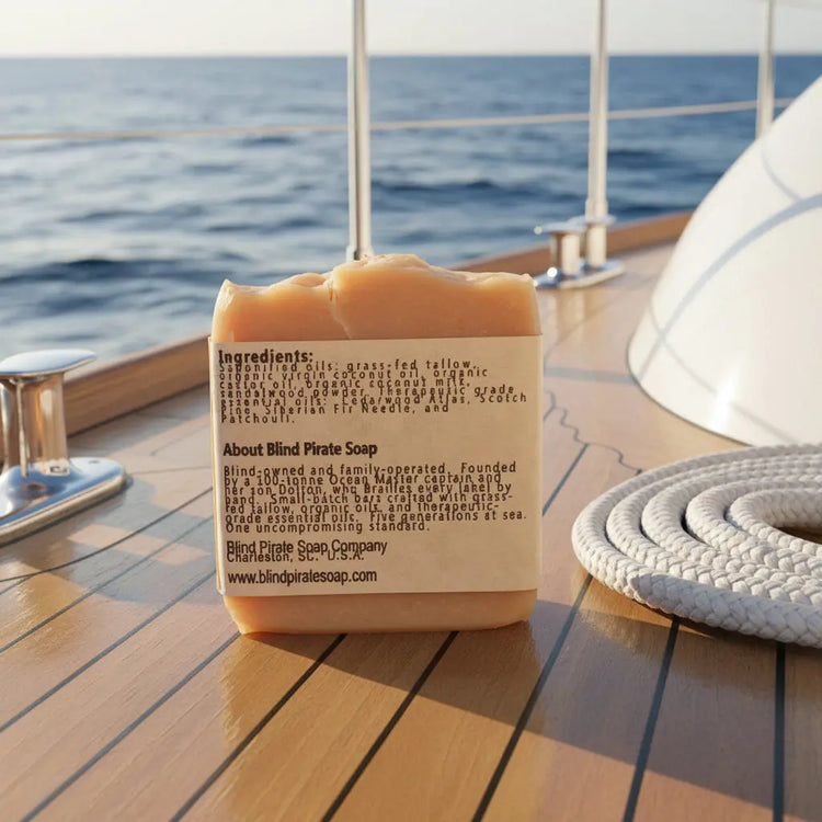 Driftwood & Stone | Tallow soap bar on the bow of a boat. Back labels tells the ingredients . Blind Pirate Soap Company