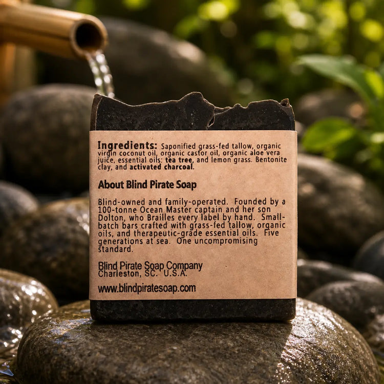 Black Flag back panel showing ingredients and braille label on volcanic rock with Zen foliage.