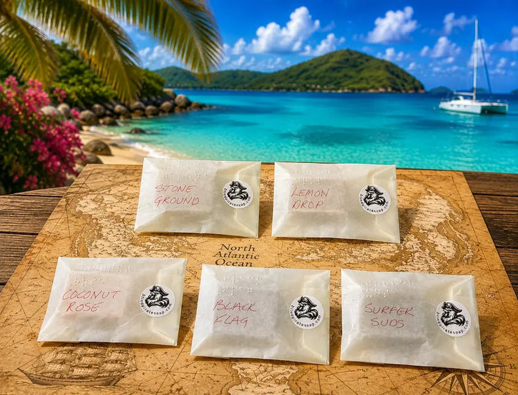 Stowaway Discovery Set | Stowaway Discovery Set soap bars displayed against tropical backdrop
Blind Pirate Soap Co.