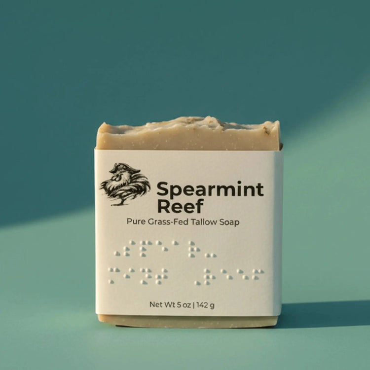 Spearmint Reef | Grass Fed Tallow Soap Bar Blind Pirate Soap Co. with full label and braille on the front of the label.