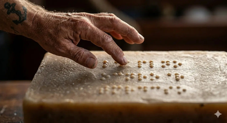 Ocean | Grass-Fed Tallow Soap Bar a weathered hand of a sailor reads the braille on a tallow block. Blind Pirate Soap Co.