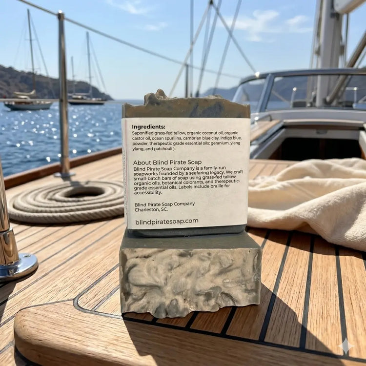Ocean | Grass-Fed Tallow Soap Bar ingredients listed clearly on the back label. Blind Pirate Soap Co.