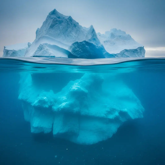 A majestic iceberg split above and below the waterline, its turquoise submerged mass glowing through crystal clear polar water beneath the arctic sky.