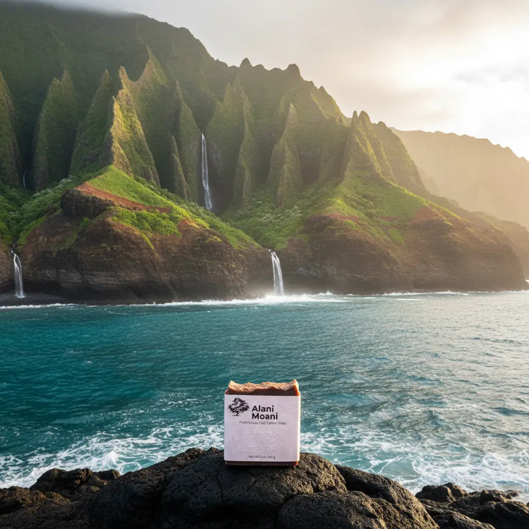 Alani Moani β Na Pali Coast Lifestyle lava rocks, majestic Hawaiian sea cliffs rising dramatically beyond.