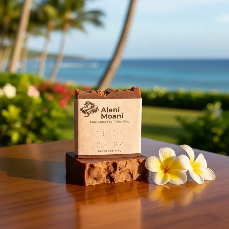 Alani Moani β Stacked Bars Koa Wood Lanai on a sun-warmed teak table, manicured palms and azure Hawaiian ocean stretching beyond.