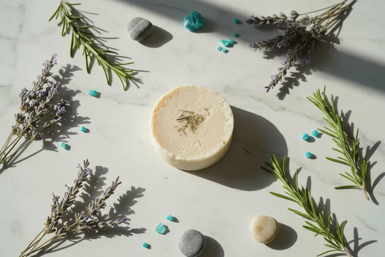 Beach Rain - Coastal Botanicals lavender Beach rain shampoo bar on white marble with coastal botanicals, sea lavender and turquoise accents