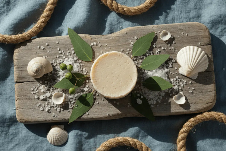 Beach Rain - Driftwood & Sea Salt Flat lay of beach rain shampoo bar on driftwood with sea salt, eucalyptus and white seashells