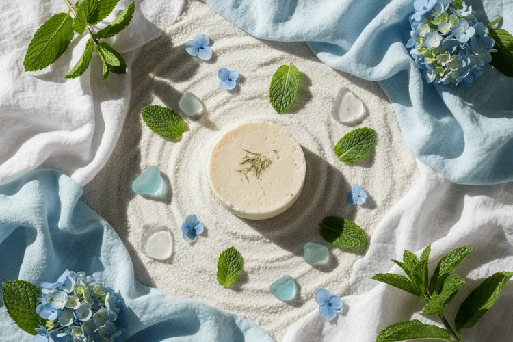 Beach Rain - Ocean Elements Ocean-inspired flat lay with beach rain shampoo bar, sea glass, white sand and blue hydrangeas