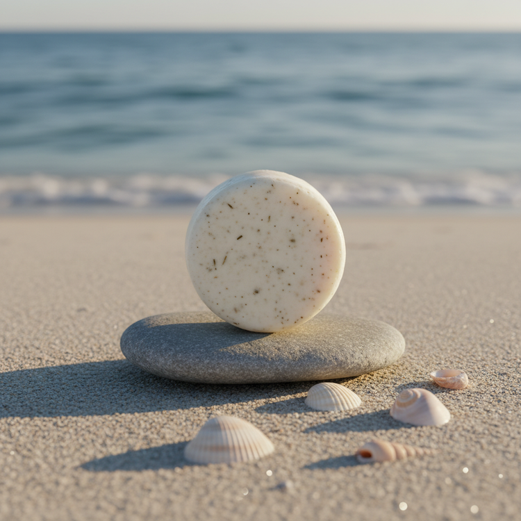 Beach Rain Shampoo Bar sits on top of a sundrenched flat stone, with the ocean gently lapping behind it.