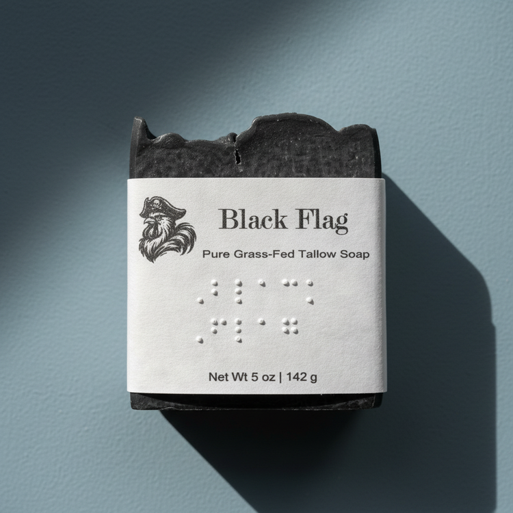Black Flag | Grass Fed Tallow Soap Bar Blind Pirate Soap Co. Label is brailled with the name of the soap