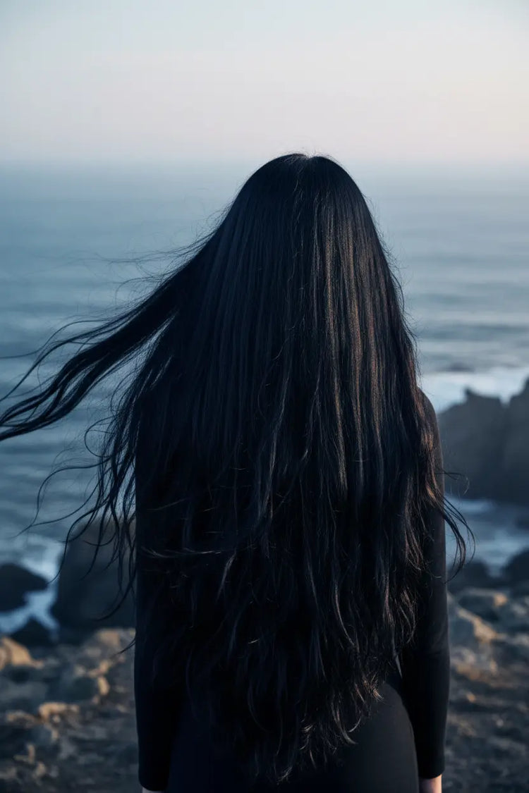 Black Hair Dawn over the cliffside, watching the ocean crash against the rock. hair is very shiny and healthy.