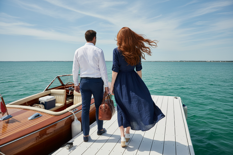 Boarding Yacht to head out to the island, a couple walk down the dock together. Hair glistening in the sun.