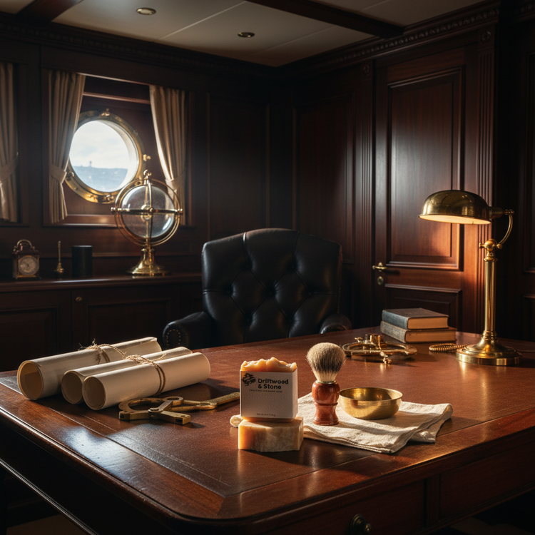 Driftwood & Stone | Rolled charts, a brass sextant and grooming tools laid out on a captain's cabin table — refined and ready.