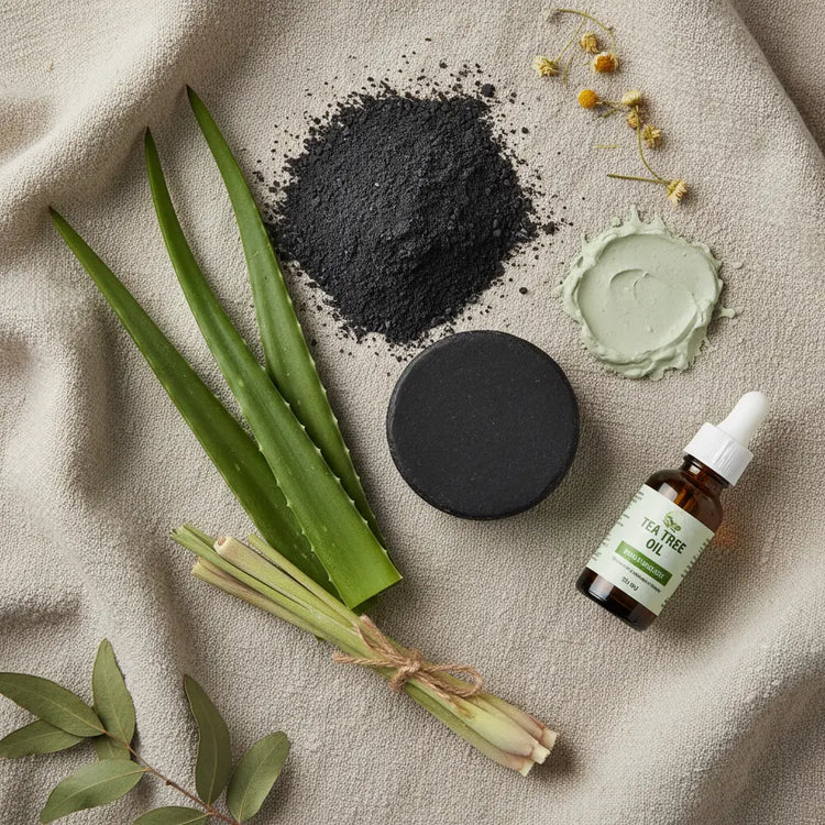 Overhead view of charcoal tea tree soap with activated charcoal powder, bentonite clay, aloe vera, lemongrass, and tea tree oil on linen
