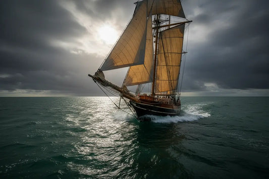 A majestic sailboat bears down through stormy seas, its silhouette eclipsing the last pale sun in a dramatic sky.