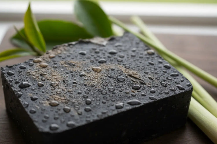 Close-up of black charcoal soap with water droplets