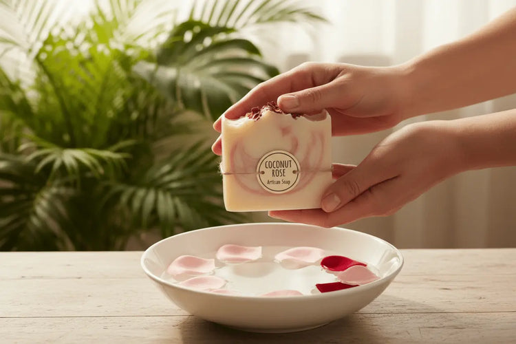Coconut Rose - Rose Petals Hands holding coconut rose soap with rose petals floating in water in spa setting