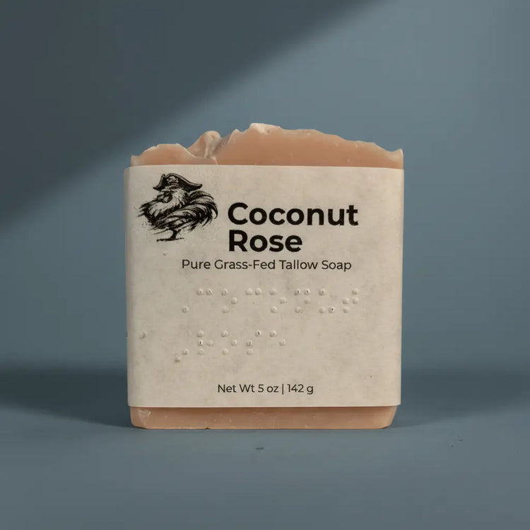 Coconut Rose — Blind Pirate Soap with full label and braille on the front of the label.