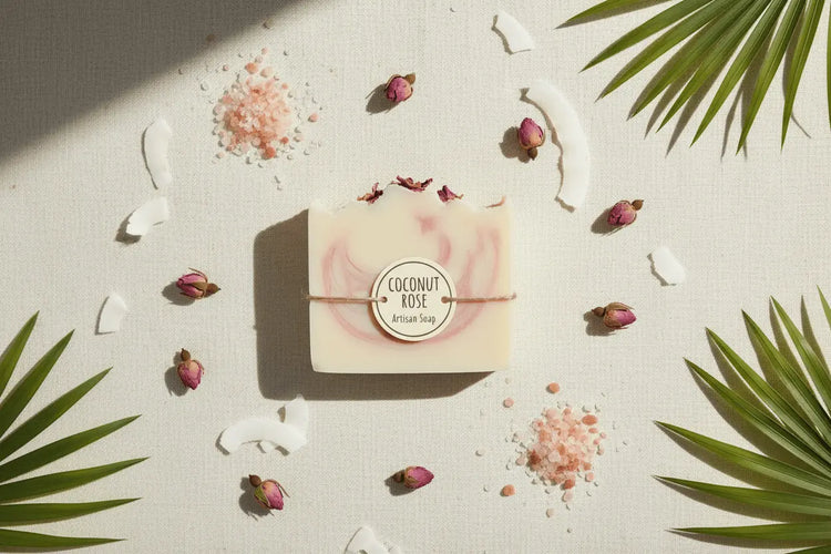 Coconut Rose - Tropical Floral Coconut rose soap surrounded by dried rose buds, coconut flakes and tropical palm leaves