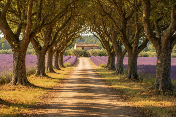 Country Lane | Sun-dappled light filters through trees lining a winding dirt road leading warmly toward a Provence farmhouse.