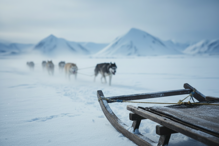 A husky sled team pushing through biting wind across a white windswept tundra, snow-capped mountains fading into the misty cold distance beyond.