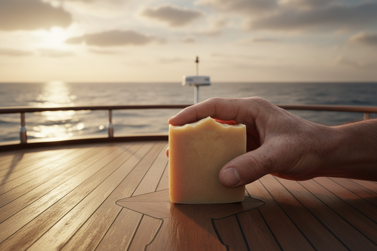 Driftwood & Stone tallow soap bar cradled in a captain's weathered hand, teak deck beneath, vast open ocean beyond
