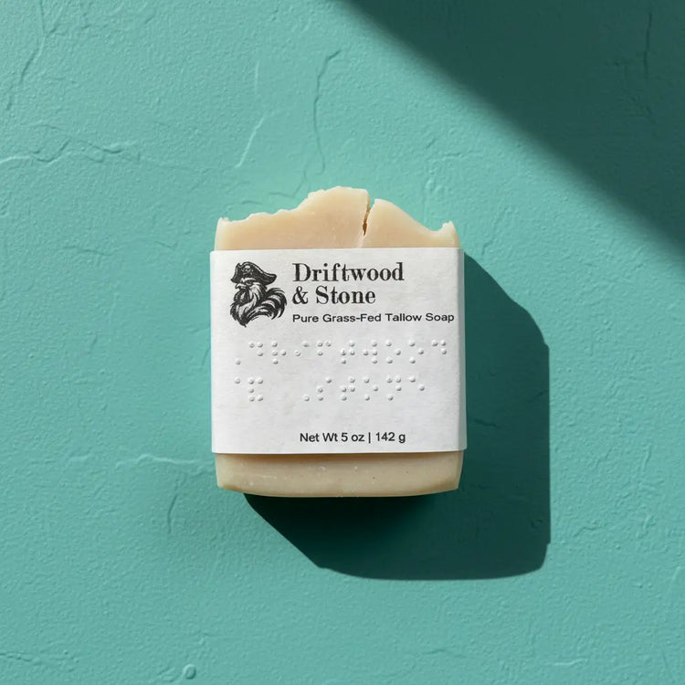 Driftwood & Stone — Blind Pirate Soap with full label and braille on the front of the label.