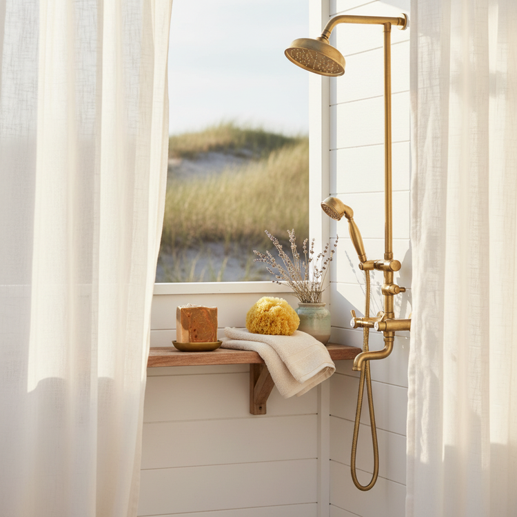 Dune Grass in luxury outdoor shower shelf beneath an open window, golden hour light pouring in over wild sun-drenched dunes beyond.