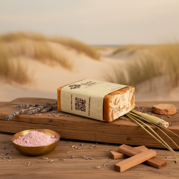 Dune Grass side panel with QR code resting on sun-bleached driftwood, wild golden dunes stretching softly behind.