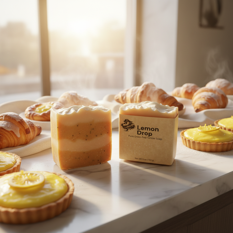Naked and wrapped Lemon Drop tallow soap bars in a sun-lit patisserie window, golden light on the label.