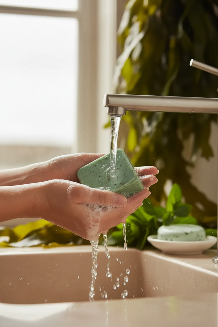 Luxurious lather from Emerald Harbour green sea salt soap in hands with ocean kelp and peppermint in spa background