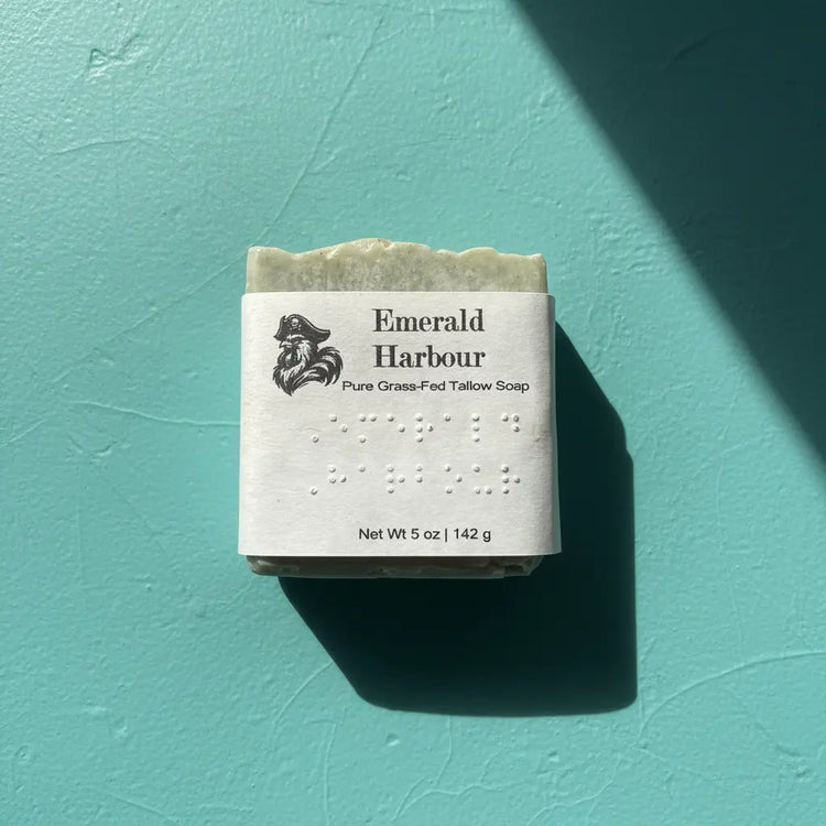 Emerald Harbour | Grass Fed Tallow Soap Bar Blind Pirate Soap Co. Label is brailled with the name of the soap
