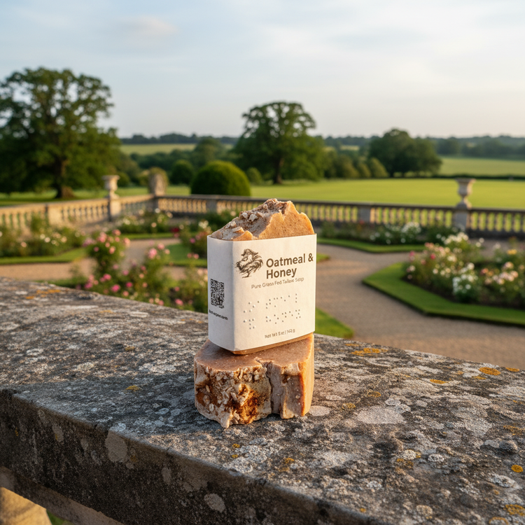 Estate Balustrade Two Oatmeal & Honey tallow soap bars on a stone wall, front panel facing forward, lush green pasture behind and neat garden beds in the foreground.