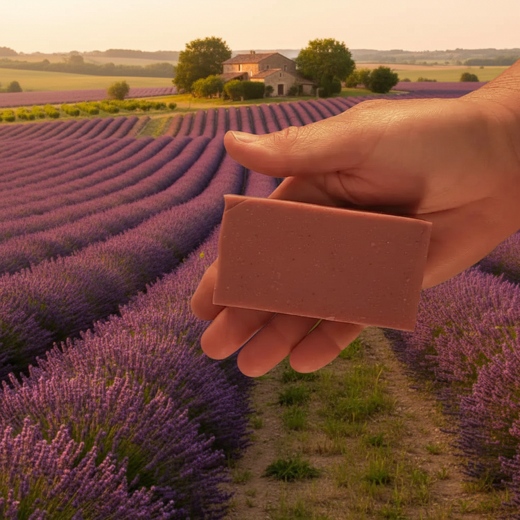 Rustic cut French Lavender grass-fed tallow soap bar, warm dusty mauve with fine speckles. Blind Pirate Soap Co