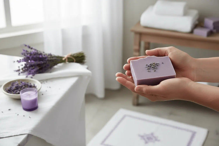 French Lavender - Serene Moment Hands holding soap with fresh lavender.