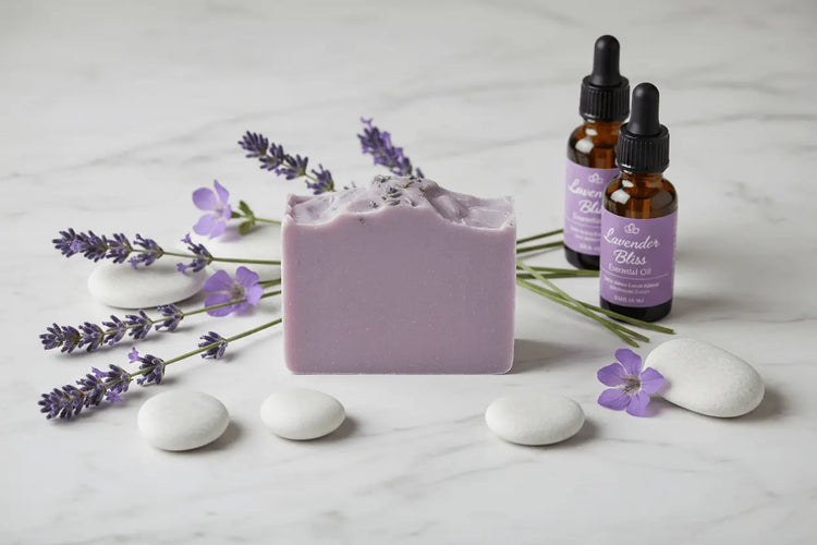 French Lavender - soap surrounded by fresh lavender stems, essential oil and white stones