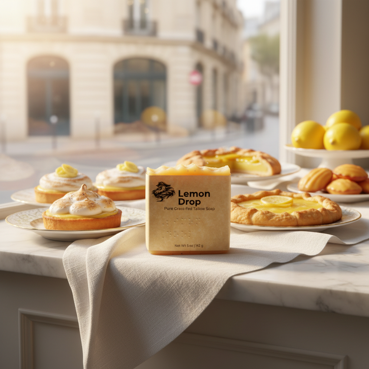 Lemon Drop tallow soap bar front panel among delightful cakes in a sun-lit patisserie window display.