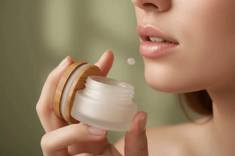 frosted glass jar with a bamboo lid for lip balm being used by a woman with lovely lips that look soft.