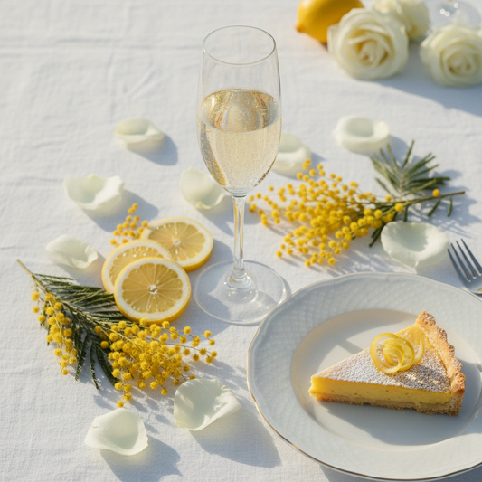 "Lemon Drop | Linen tablecloth from above, two champagne glasses glowing in warm morning light — effortless garden luxury.