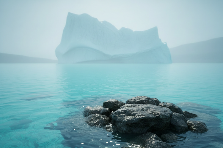 Glacial shoreline | Crystal clear calm polar waters belie the vast drama beneath — a massive iceberg breaking silently from shore, depths hidden below.