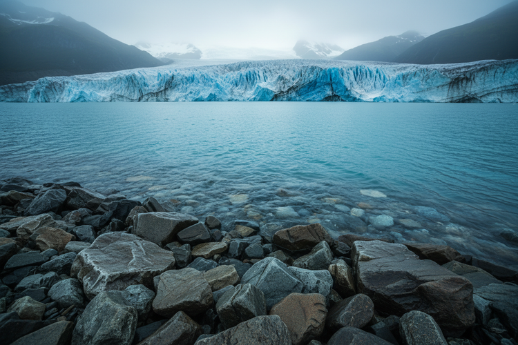 Glacial Shoreline | A half-frozen arctic river running freely over vast ancient river rocks, ice clinging to the edges as cold clear water rushes through the wilderness.