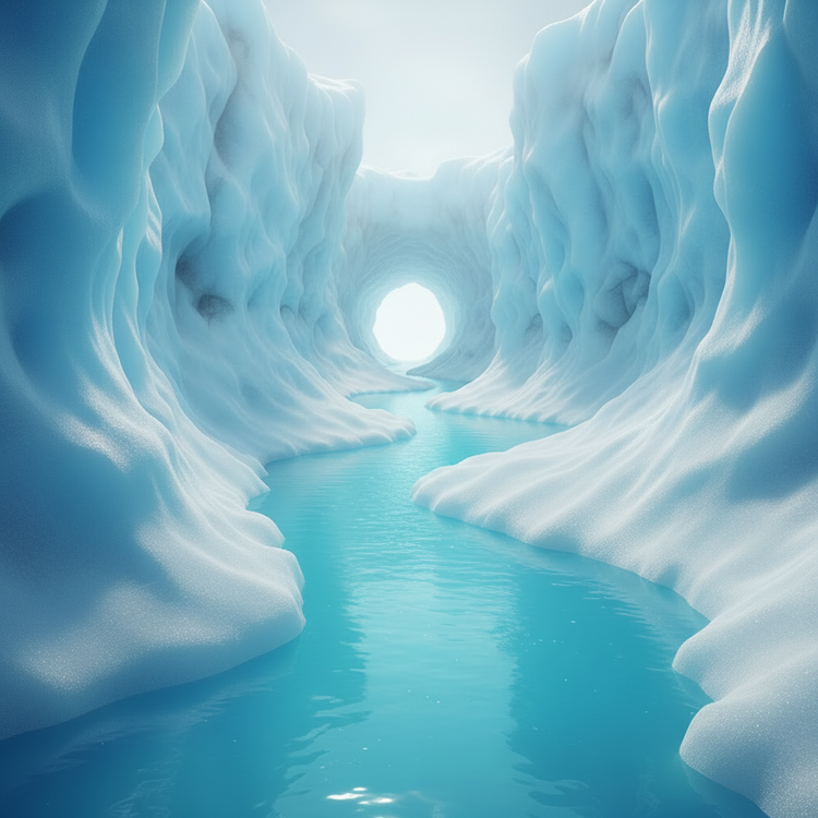 Glacier | A massive turquoise ice canyon, a glacial river winding through its ancient floor toward a water-worn arch of light glowing in the frozen distance.