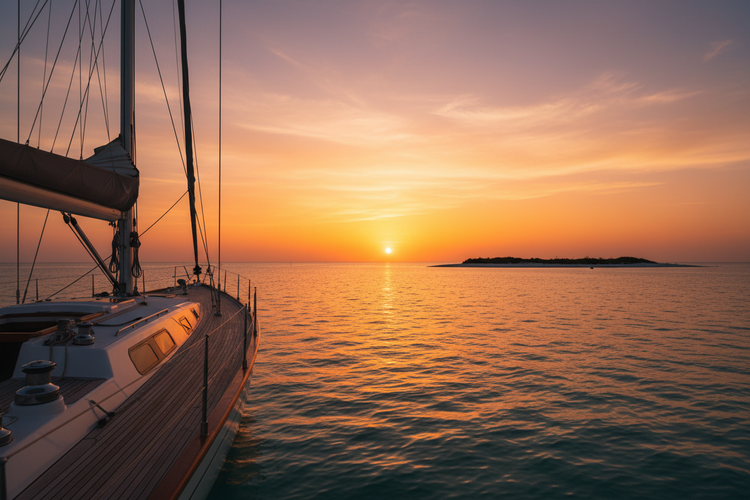 Golden Hour at Anchor — a sailboat rests calmly at anchor, a warm orange sun melting behind a silhouetted island in the fading dusk.