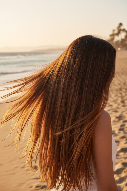 Hair shot, long brown hair on a Beach