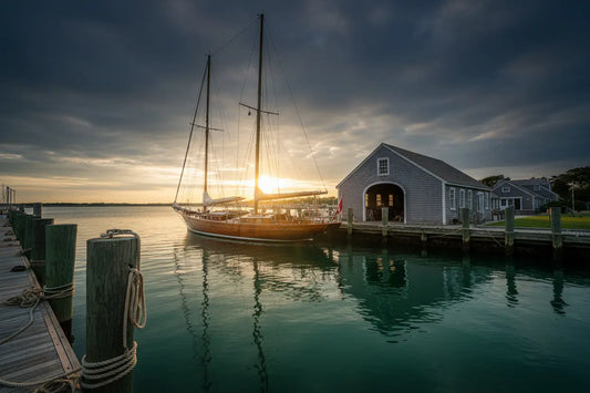 Hamptons Harbor β Golden Hour Drama cascades warmly over a classic boathouse and weathered dock, peaceful and inviting.