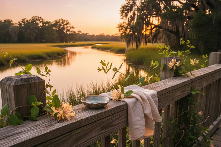 Wide environmental — side-by-side flat lay Honeysuckle soap bars on weathered dock wood, tidal creek and marsh grass glowing at dusk