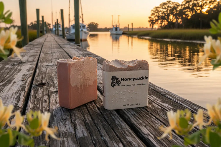 Honeysuckle — Shem Creek — standing side-by-side Two Honeysuckle bars standing on Shem Creek shrimp boats and golden water behind them.