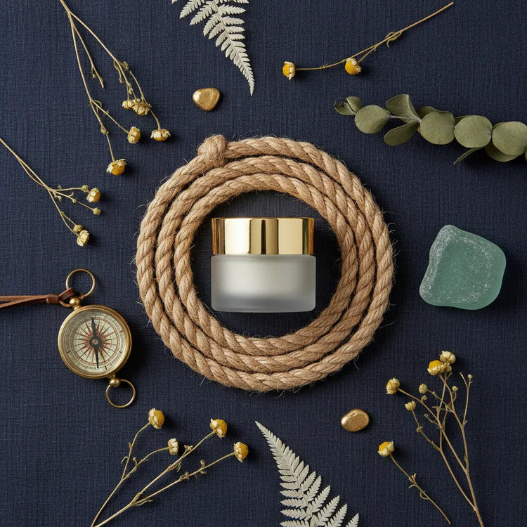 Flat lay of frosted glass lip balm jar with nautical rope, compass, and sea glass on dark navy linen