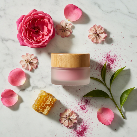 view from above of some lovely rose pink colored lip balm handmade by Blind Pirate Soap.