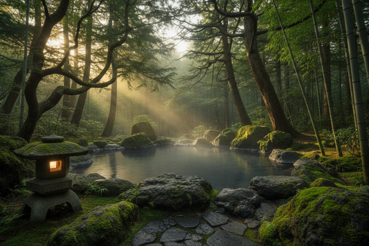 Japanese Onsen — Morning Light A lush Zen forest stirs to life, soft morning sunlight dappling through the canopy in golden pools.